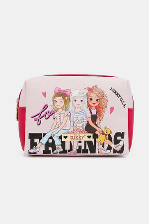 Nicole Lee USA extra large cosmetic pouch with friends print, perfect for travel or home, stylish design with roomy interior.