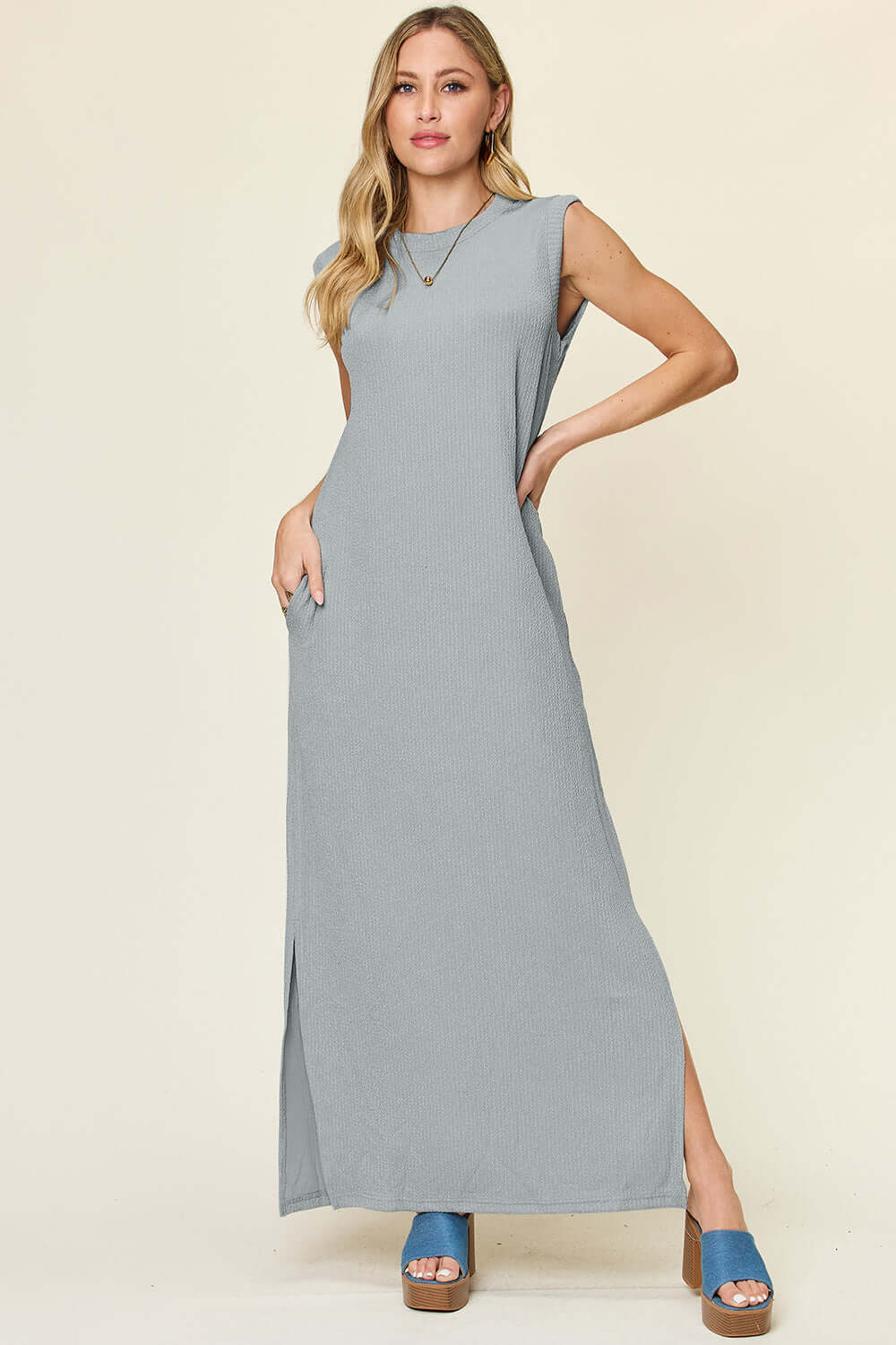 DOUBLE TAKE Full Size Texture Mock Neck Sleeveless Maxi Dress at Bella Road