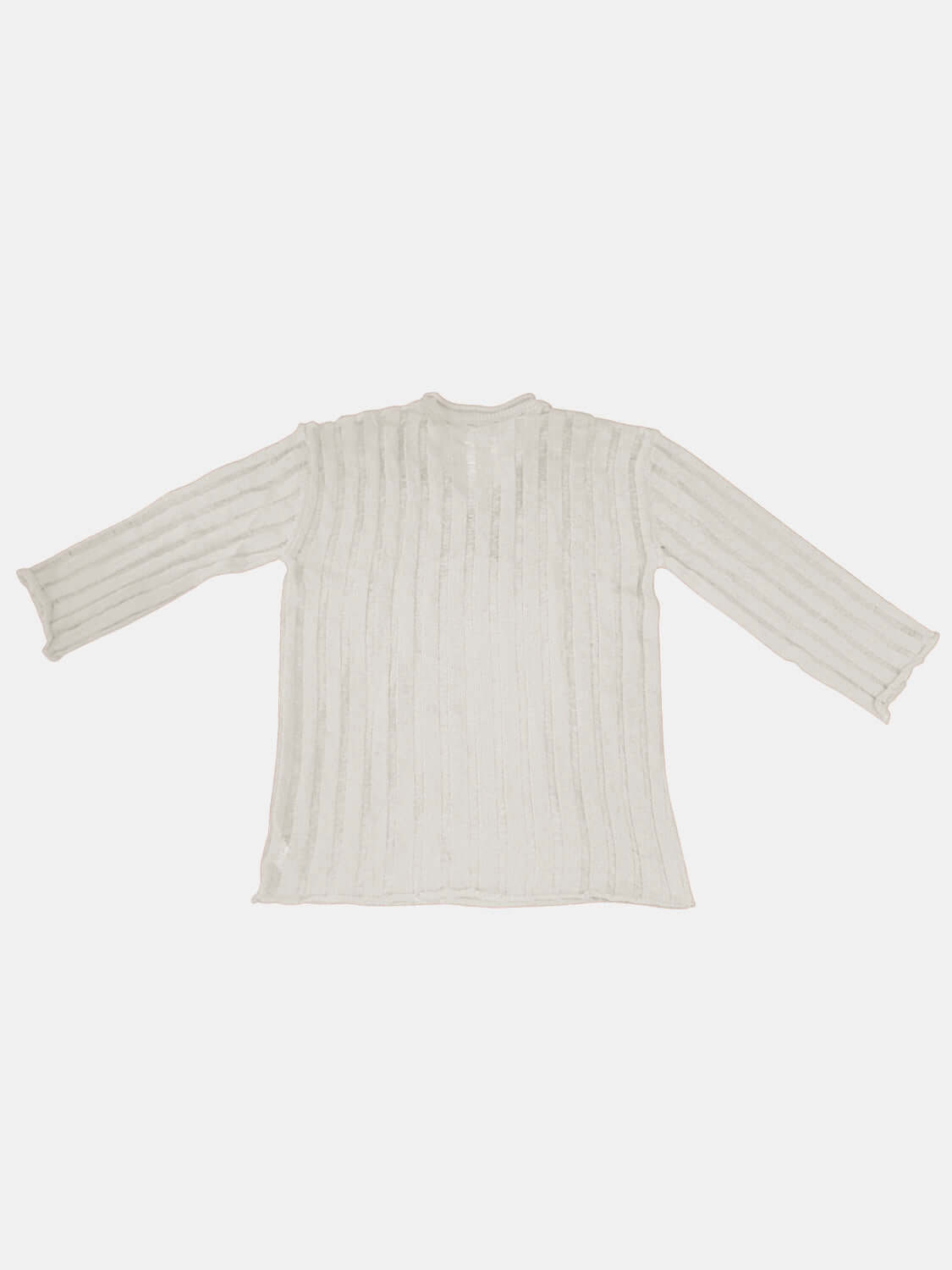 Cream ribbed long sleeve sweater laid flat on a white background, showcasing its cozy, textured fabric.