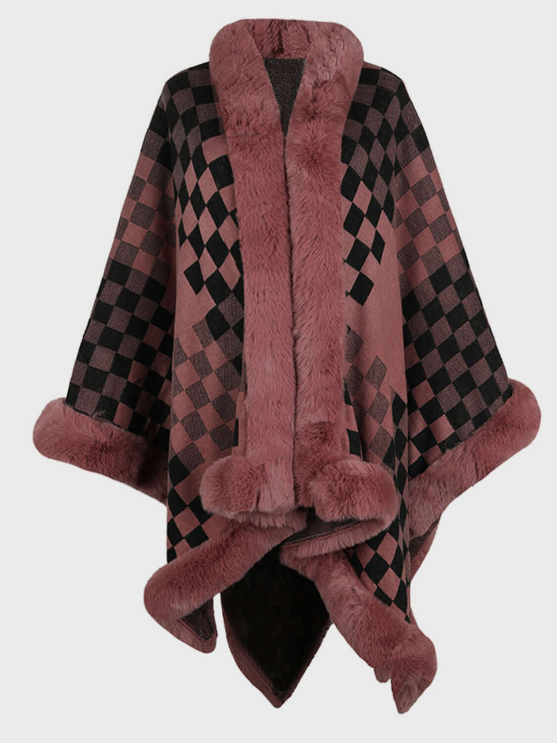 Cozy Bella Road fuzzy checkered long sleeve poncho in pink and black, perfect for stylish fall layering.