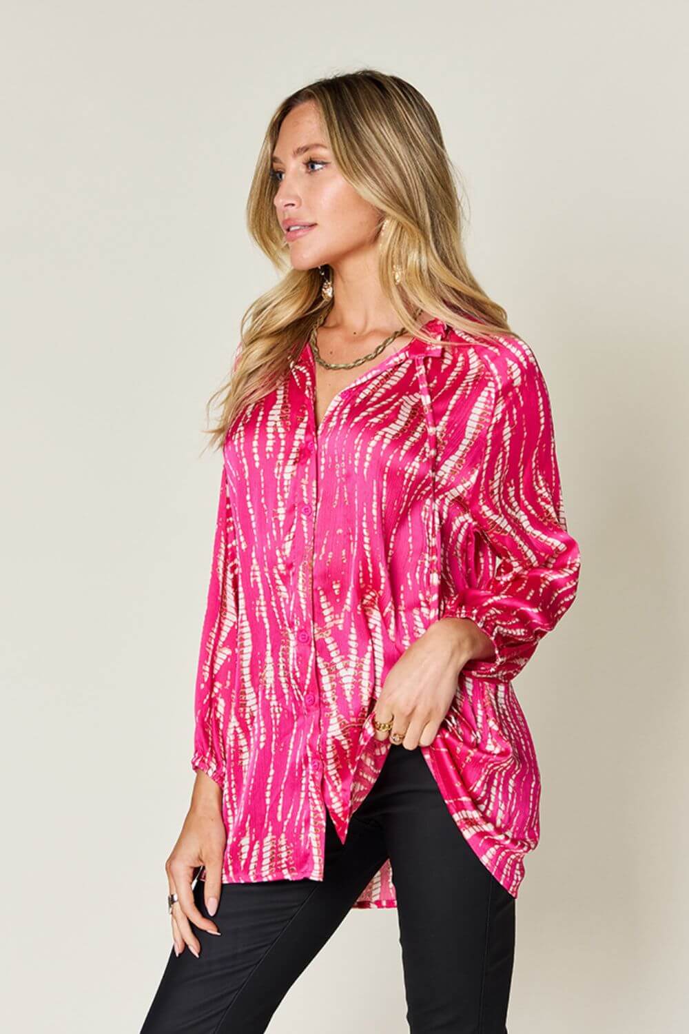 DOUBLE TAKE Full Size Printed Button Up Long Sleeve Shirt at Bella Road