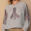 Long Sleeve Cut Sew Peace Emblem Top - Grey