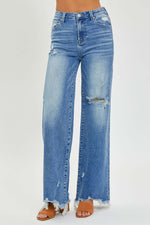 High Rise Frayed Hem Wide Leg Risen Jeans with Distressed Denim Finish