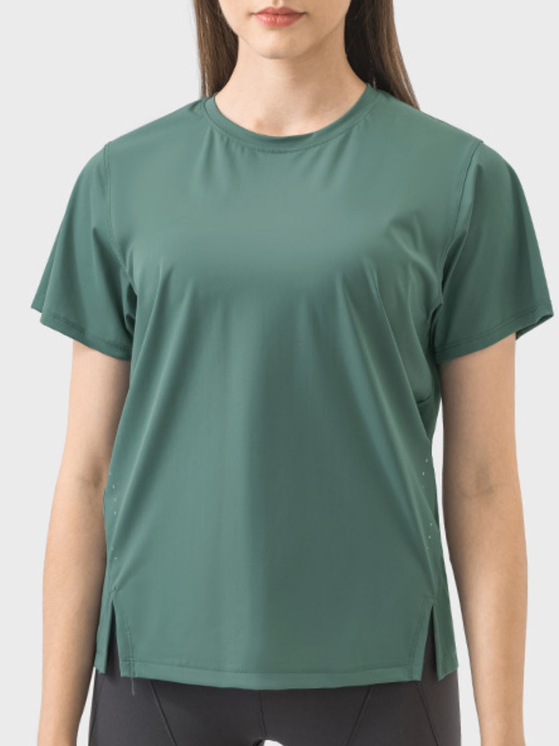 Millennia Slit Round Neck Short Sleeve Active T-Shirt in dark green, ideal for workouts and stylish casual wear.