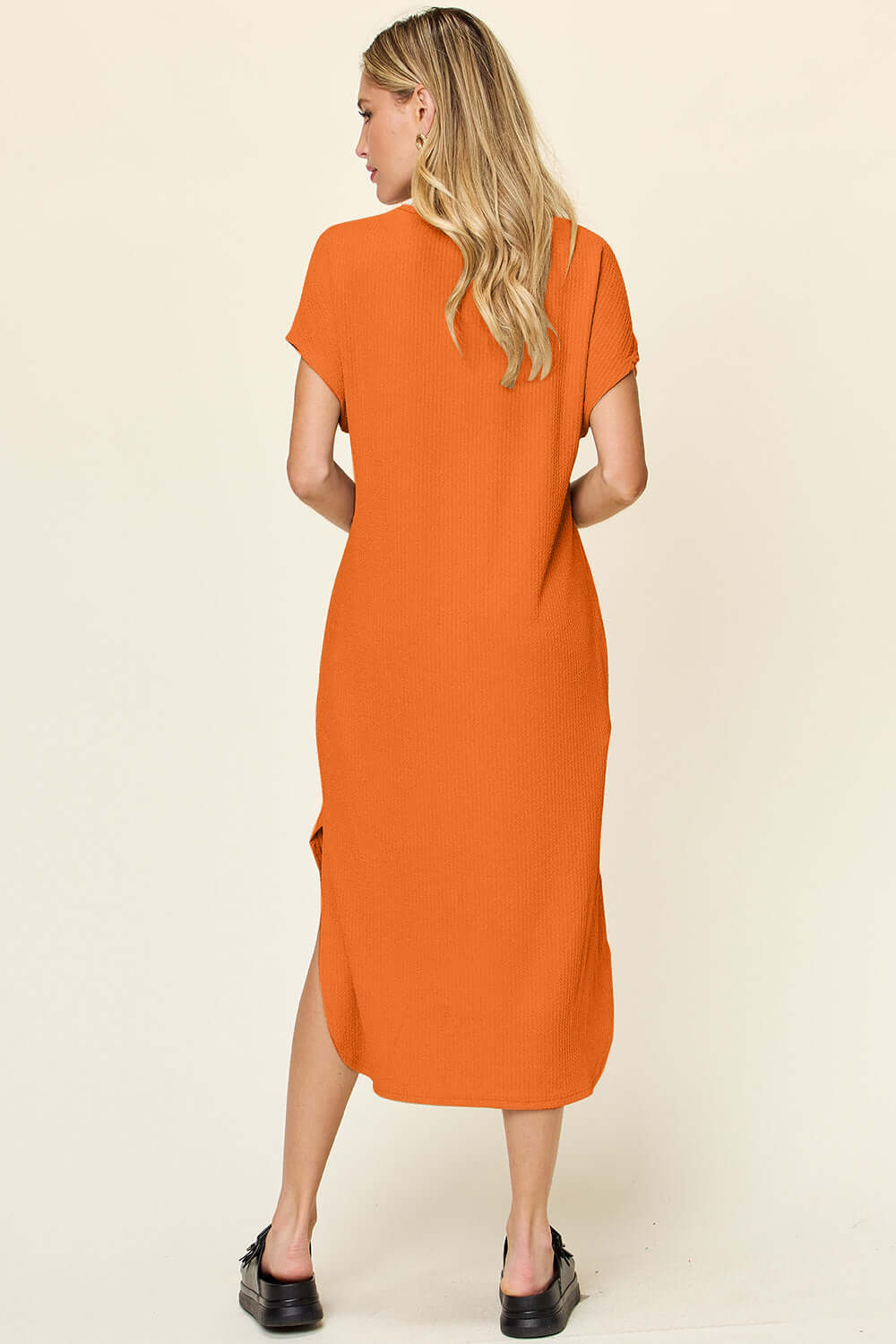 DOUBLE TAKE Full Size Round Neck Short Sleeve Slit Dress at Bella Road