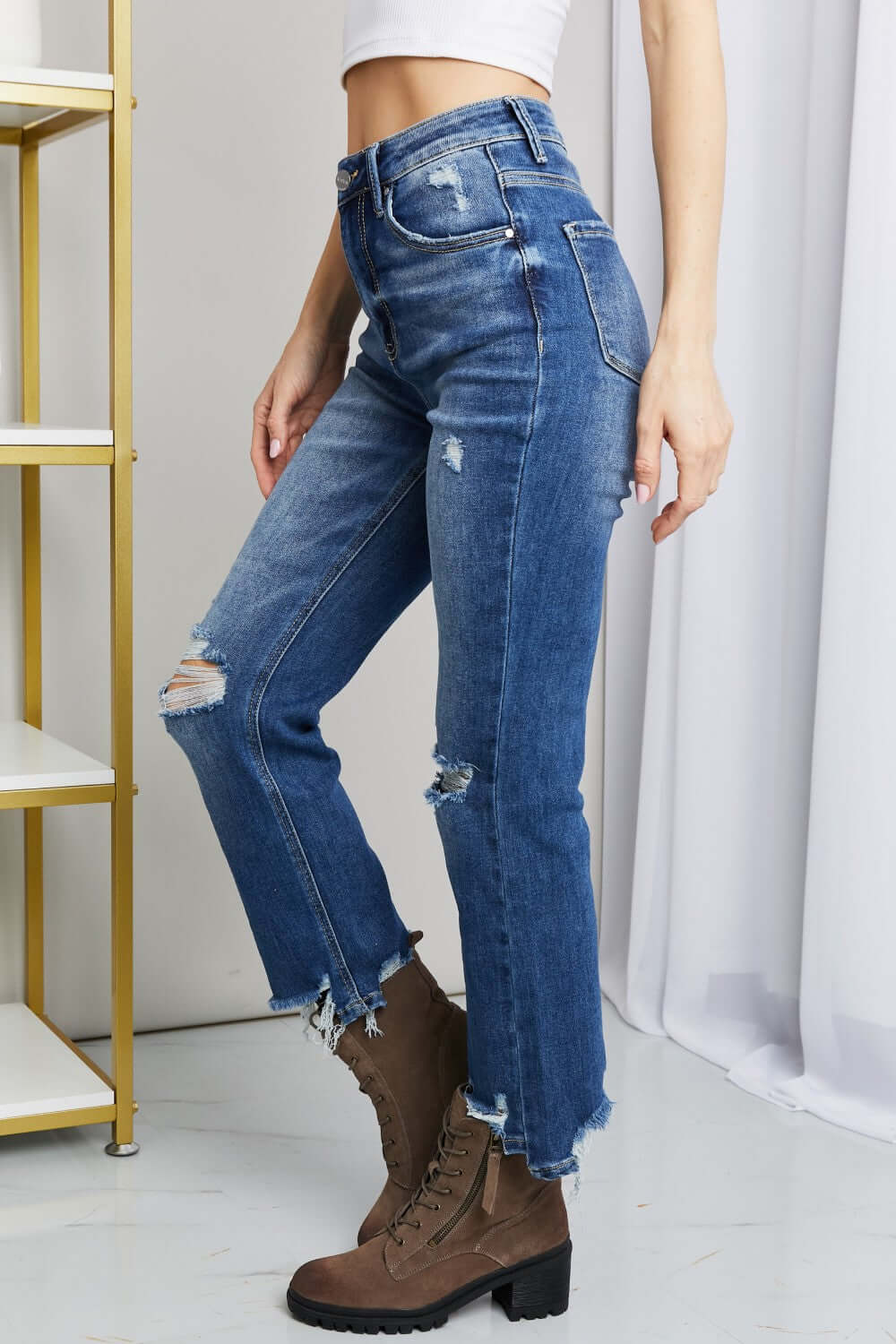 Frayed Hem Distressed Cropped Risen Jeans with Boots - Stylish and Casual Denim