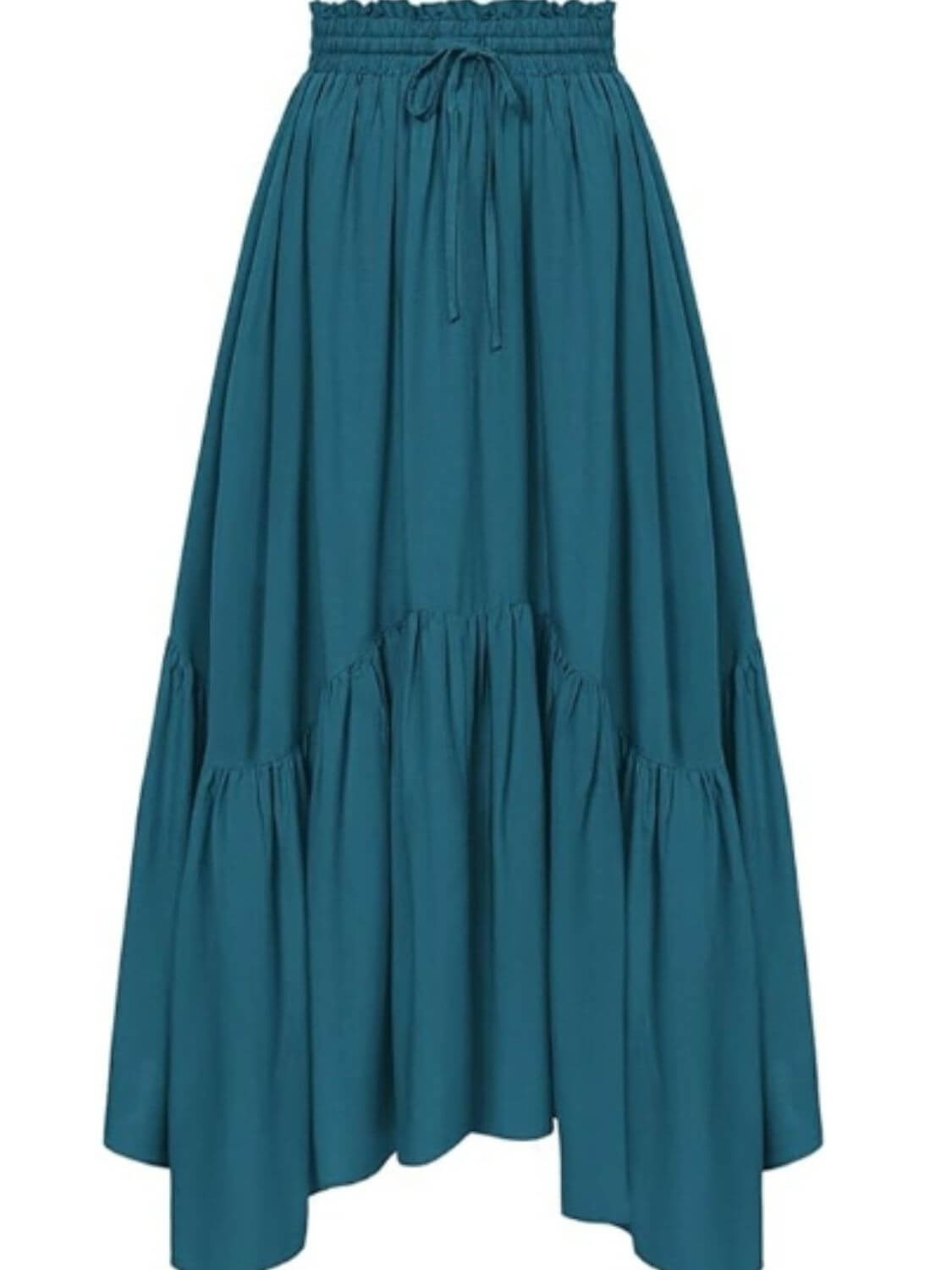 Teal Bella Road Smocked Waist Band Ruched Layered Skirt, perfect for a trendy, versatile fashion statement.