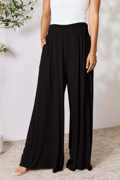 DOUBLE TAKE Full Size Smocked Wide Waistband Wide Leg Pants at Bella Road