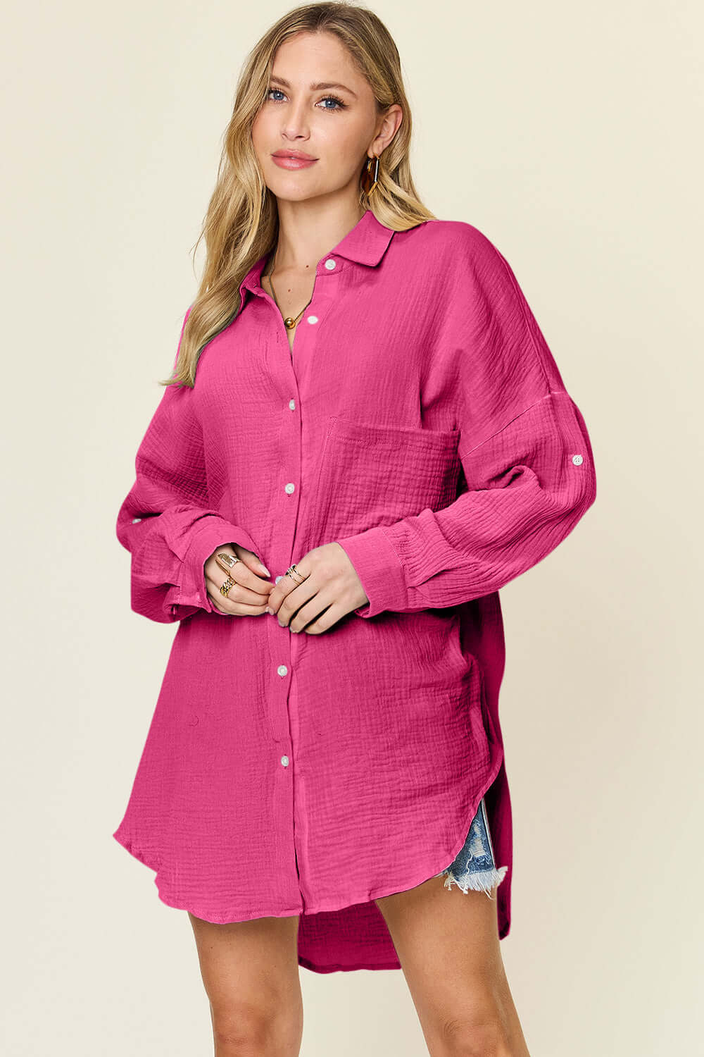 DOUBLE TAKE Full Size Pocketed Texture Button Up Shirt at Bella Road