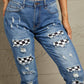 Baeful Checkered Patchwork Mid Waist Distressed Jeans in flat lay style showing patchwork and distressed details.