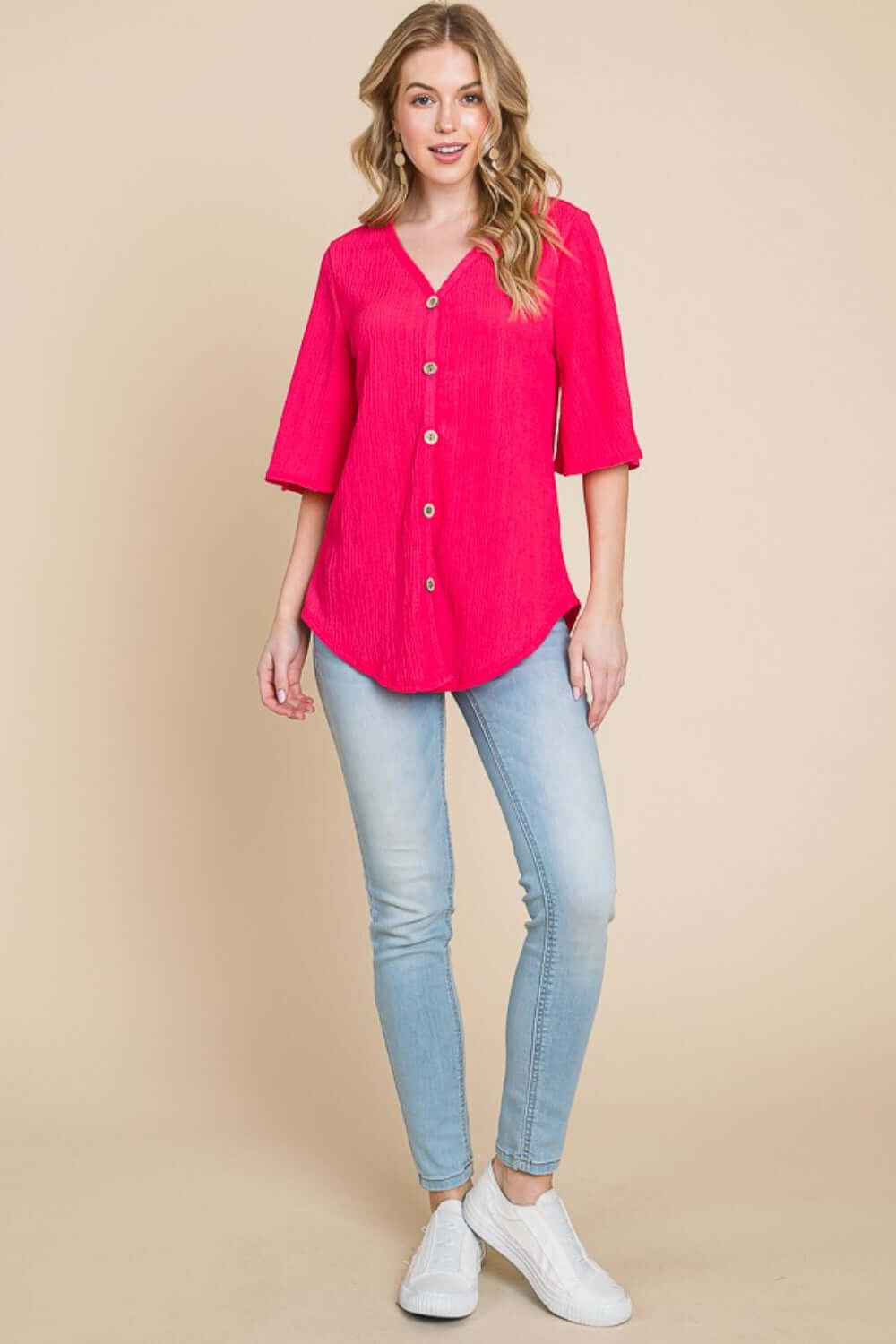 BOMBOM Texture Decorative Button V-Neck Top at Bella Road