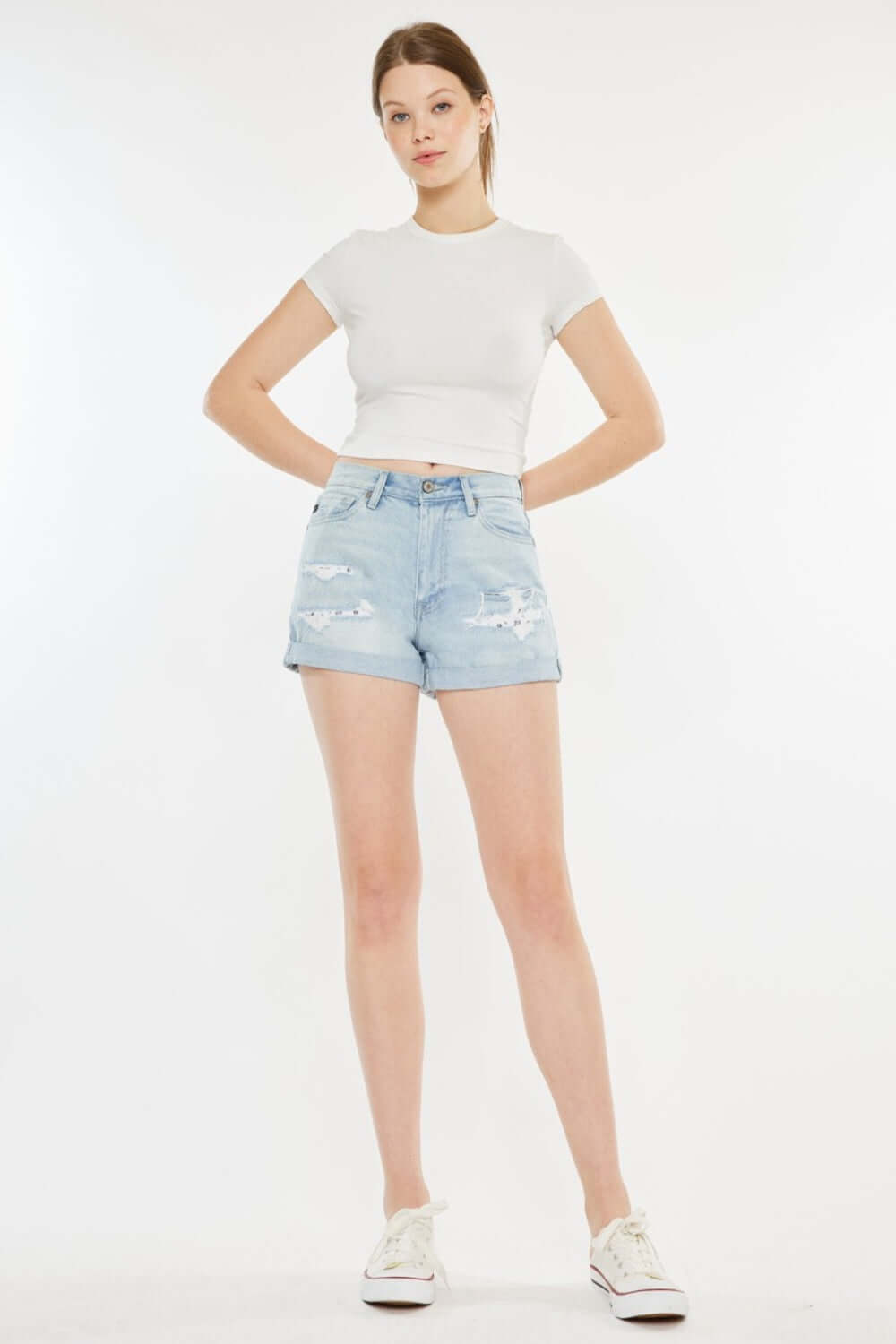 KANCAN High Rise Repaired Mom Denim Shorts at Bella Road