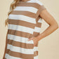 Woman wearing Basic Bae full-size brown and white striped round neck cap sleeve mini dress.