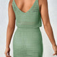 Openwork V-neck sleeveless cover-up dress in green, showing rear view on a mannequin. Sheer, stretchy material ideal for summer layering.