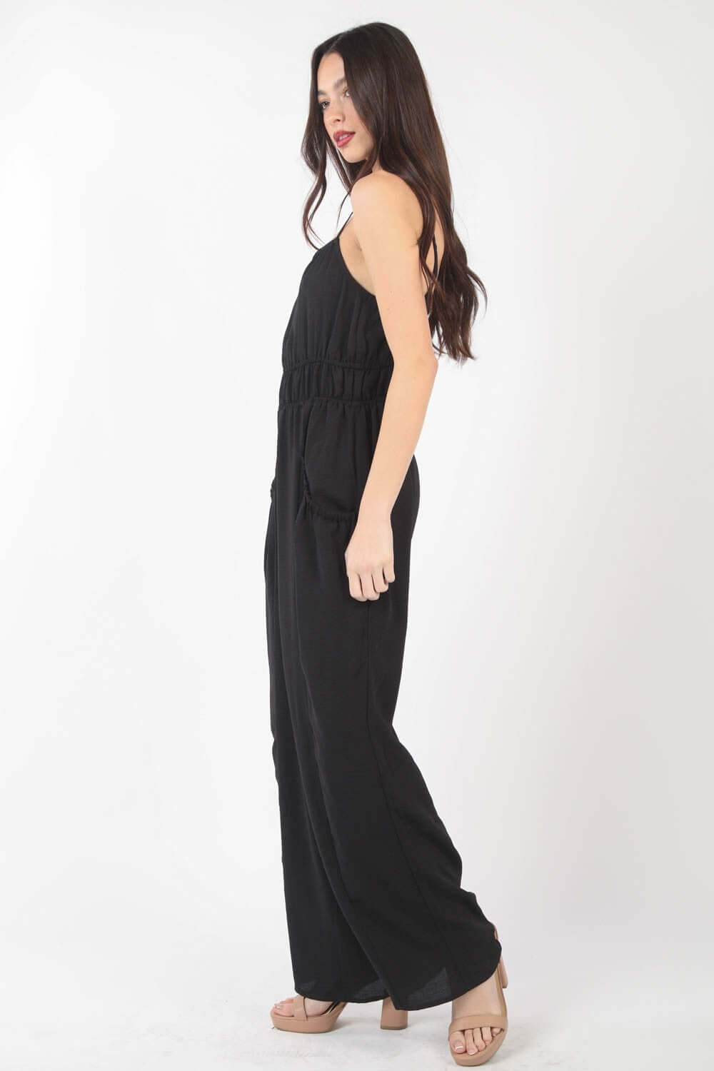 VERY J Pintuck Detail Woven Sleeveless Jumpsuit at Bella Road