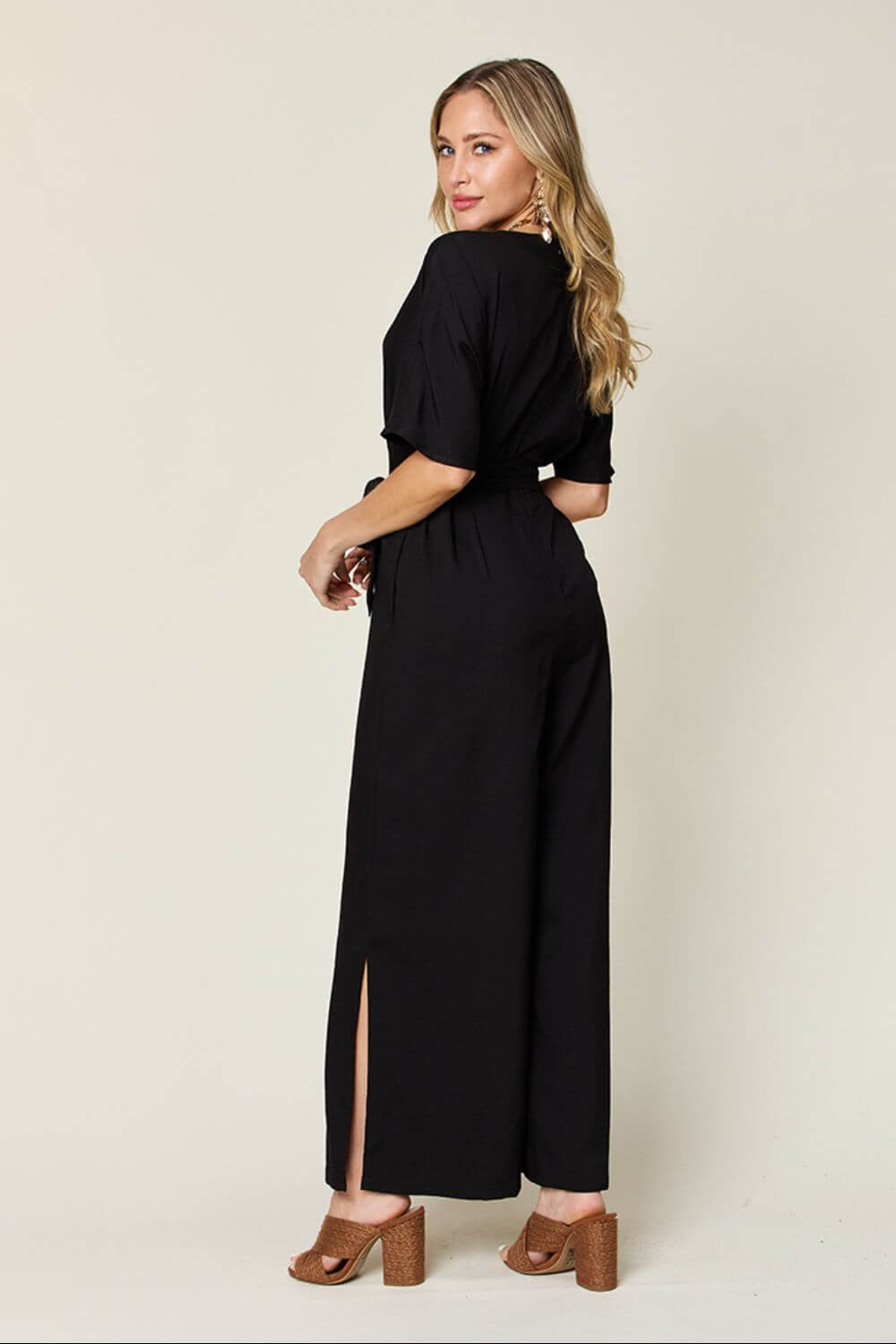 DOUBLE TAKE Full Size V-Neck Tie Front Short Sleeve Slit Jumpsuit at Bella Road