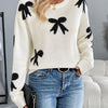 Perfee Bow Graphic Round Neck Long Sleeve Sweater - Cream