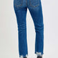 High rise distressed crop straight jeans with trendy frayed hems, perfect for showcasing your favorite shoes.