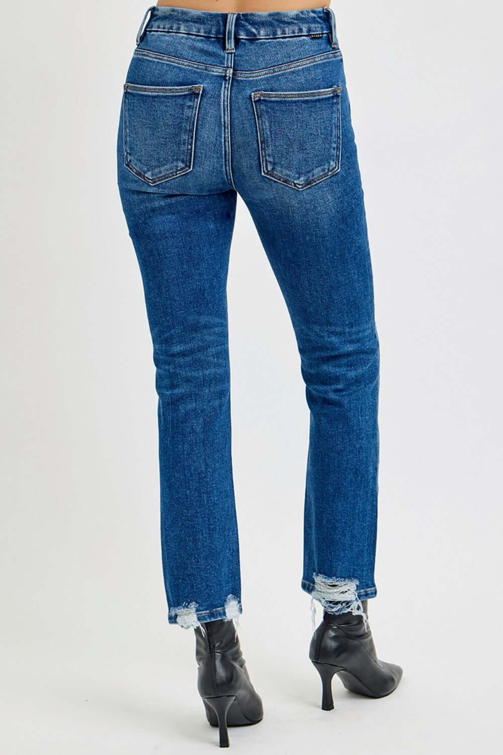 High rise distressed crop straight jeans with trendy frayed hems, perfect for showcasing your favorite shoes.