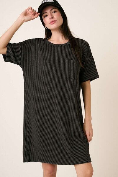 Model wearing a stylish Urban Rib Knit Short Sleeve Tee Dress in a relaxed fit, perfect for casual occasions.