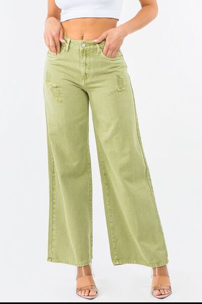 High waist distressed wide leg green jeans for a trendy and stylish look, perfect for any casual outing.