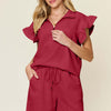 Texture Flounce Sleeve Top and Drawstring Shorts Set | Full Size - Deep Red