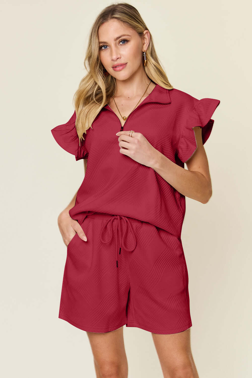 DOUBLE TAKE Full Size Texture Flounce Sleeve Top and Drawstring Shorts Set at Bella Road