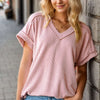 Exposed Seam Short Sleeve Ribbed Top | Full Size - Mauve