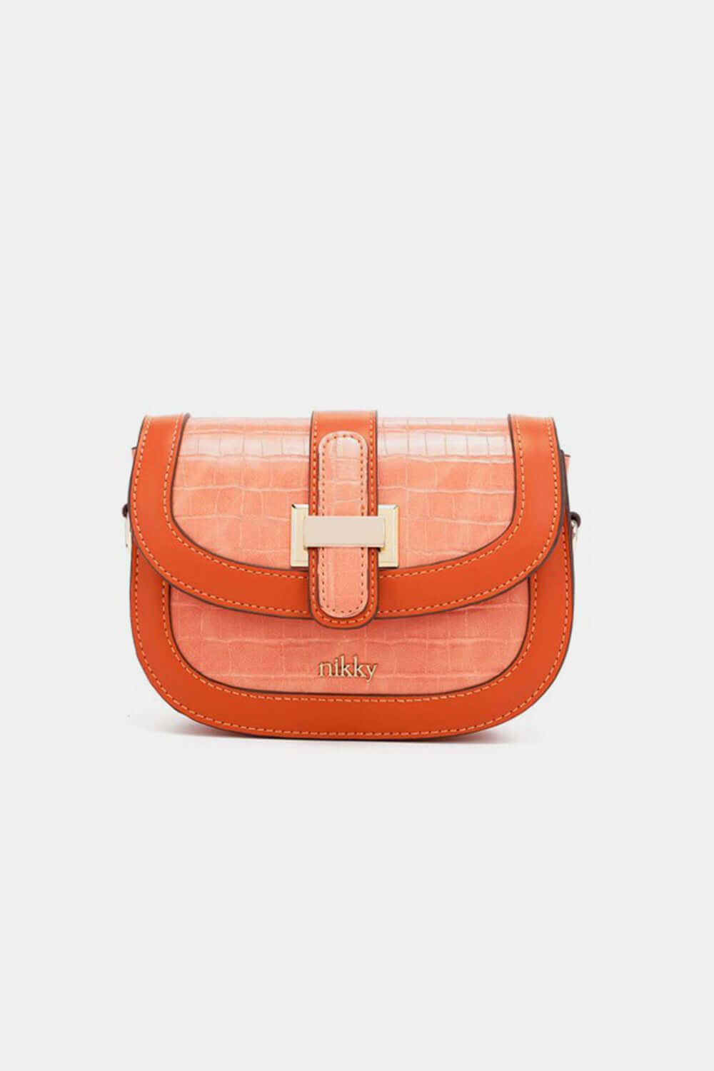 Nicole Lee USA Croc Embossed Crossbody Bag in Orange, stylish and compact with adjustable strap for on-the-go use.