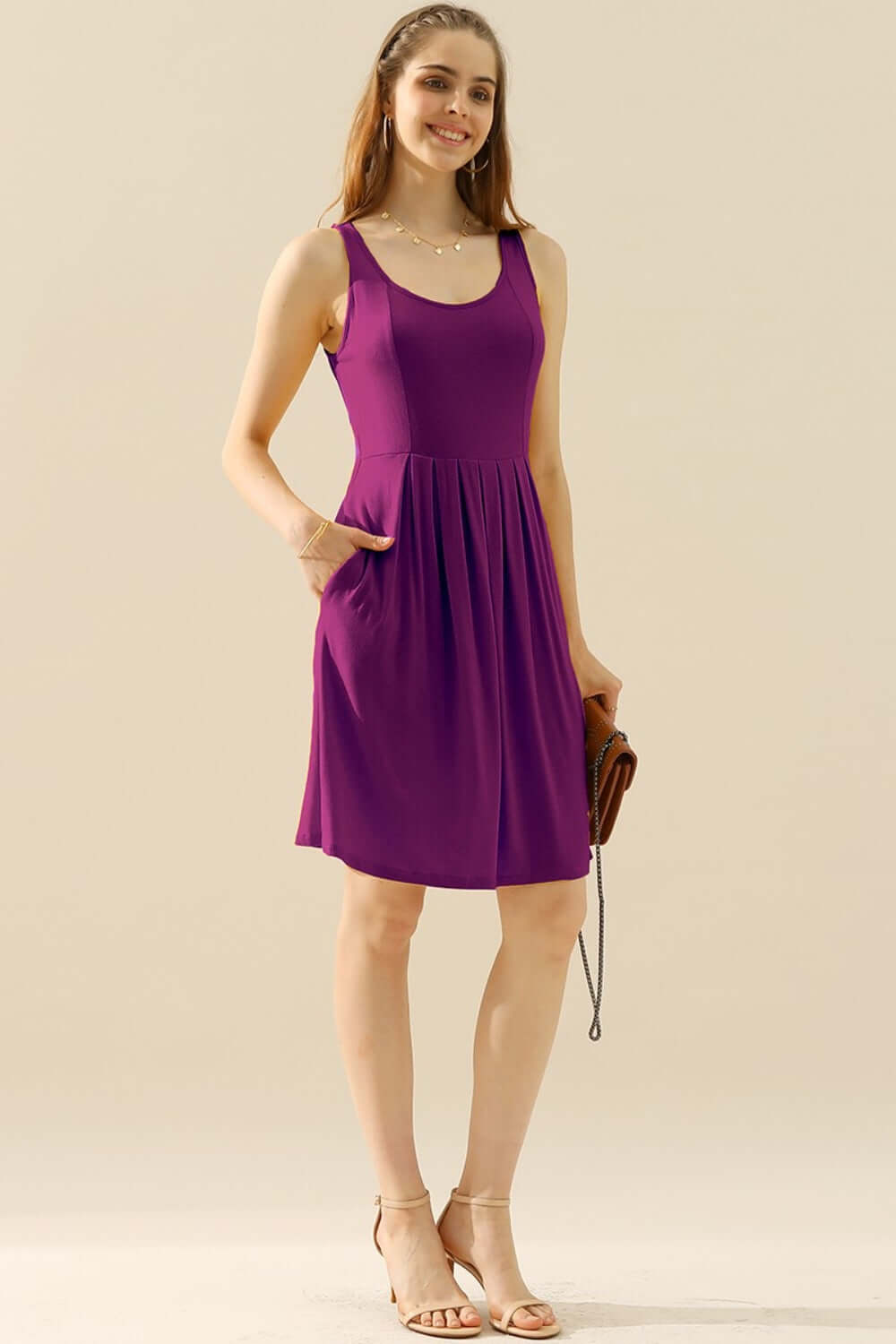 DOUBLJU Full Size Round Neck Ruched Sleeveless Dress with Pockets at Bella Road