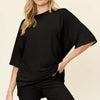 Texture Round Neck Drop Shoulder T-Shirt and Shorts Set | Full Size - Black