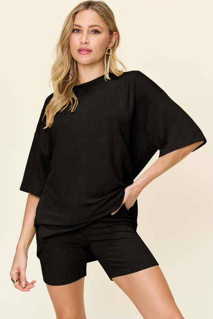 DOUBLE TAKE Full Size Texture Round Neck Drop Shoulder T-Shirt and Shorts Set at Bella Road