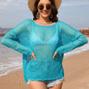 Openwork Slit Boat Neck Long Sleeve Cover-Up - Tiffany Blue