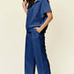 DOUBLE TAKE Full Size Texture Half Zip Short Sleeve Top and Pants Set at Bella Road