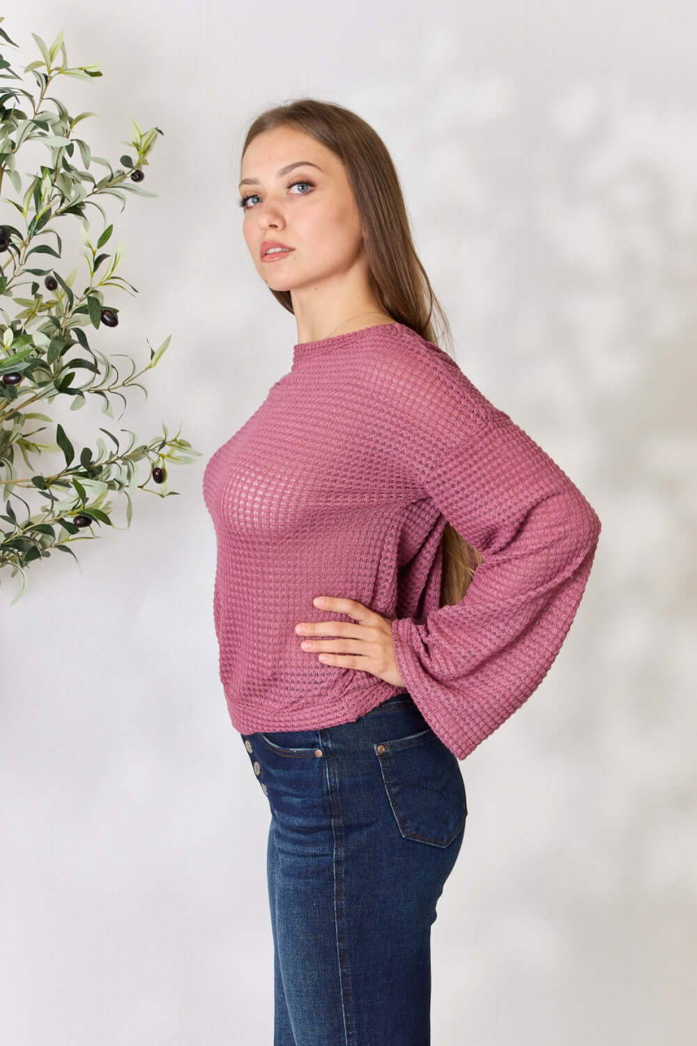 CULTURE CODE Full Size Waffle-Knit Round Neck Long Sleeve Blouse at Bella Road