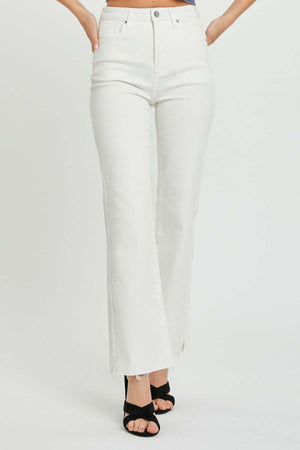 High Rise Tummy Control Straight Jeans in white with raw hem detail by Risen Jeans