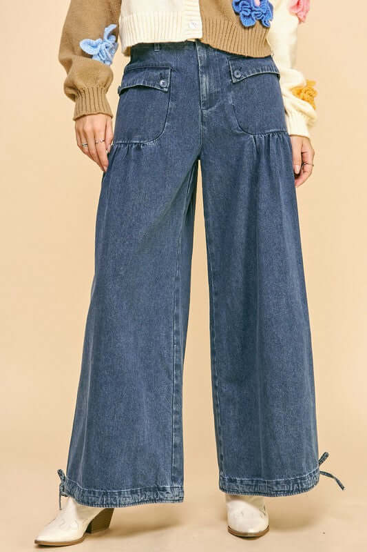 Stylish Davi & Dani wide leg mid-rise jeans with drawstring hem, perfect for a trendy and comfortable look.