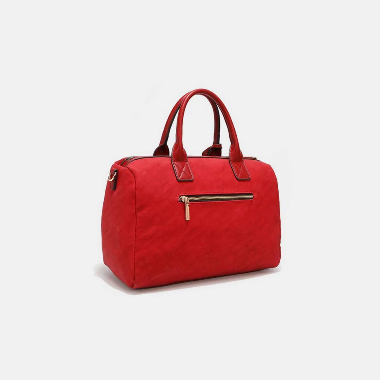 Nicole Lee USA red scallop stitched Boston bag with handles and front zipper pocket.