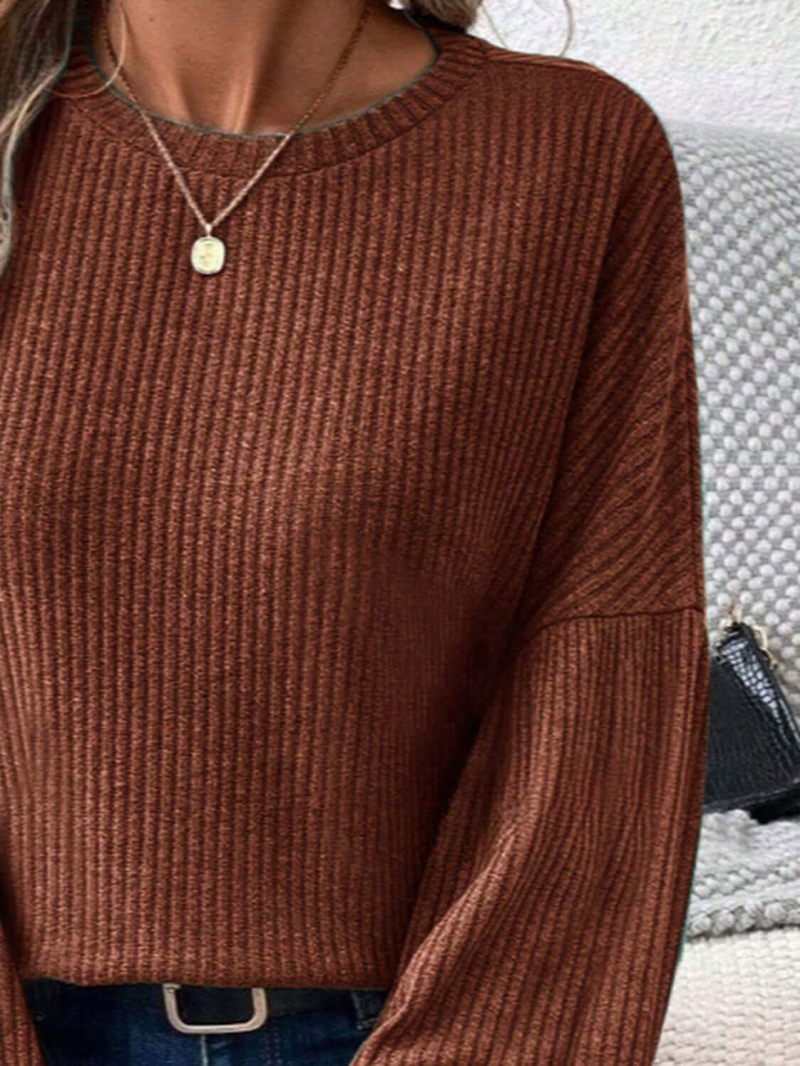 Bella Road Ribbed Round Neck Lantern Sleeve T-Shirt in brown with textured fabric, perfect for adding a playful touch to any outfit.