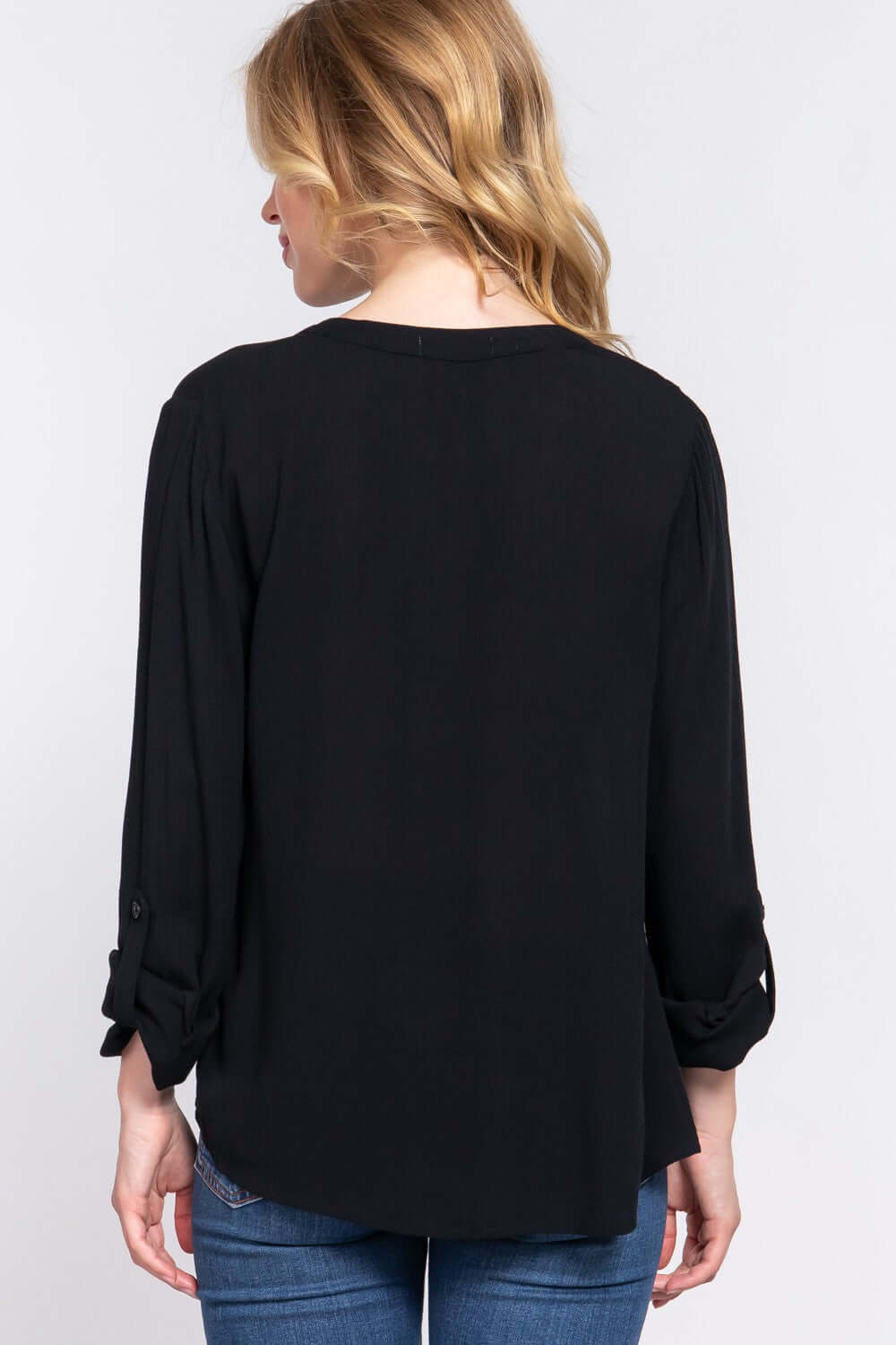 ACTIVE BASIC Full Size Notched Long Sleeve Woven Top at Bella Road