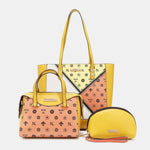 Nicole Lee USA 3-Piece Color Block Handbag Set with large shopper, mini crossbody bag, and pouch in trendy yellow, orange, and white design.