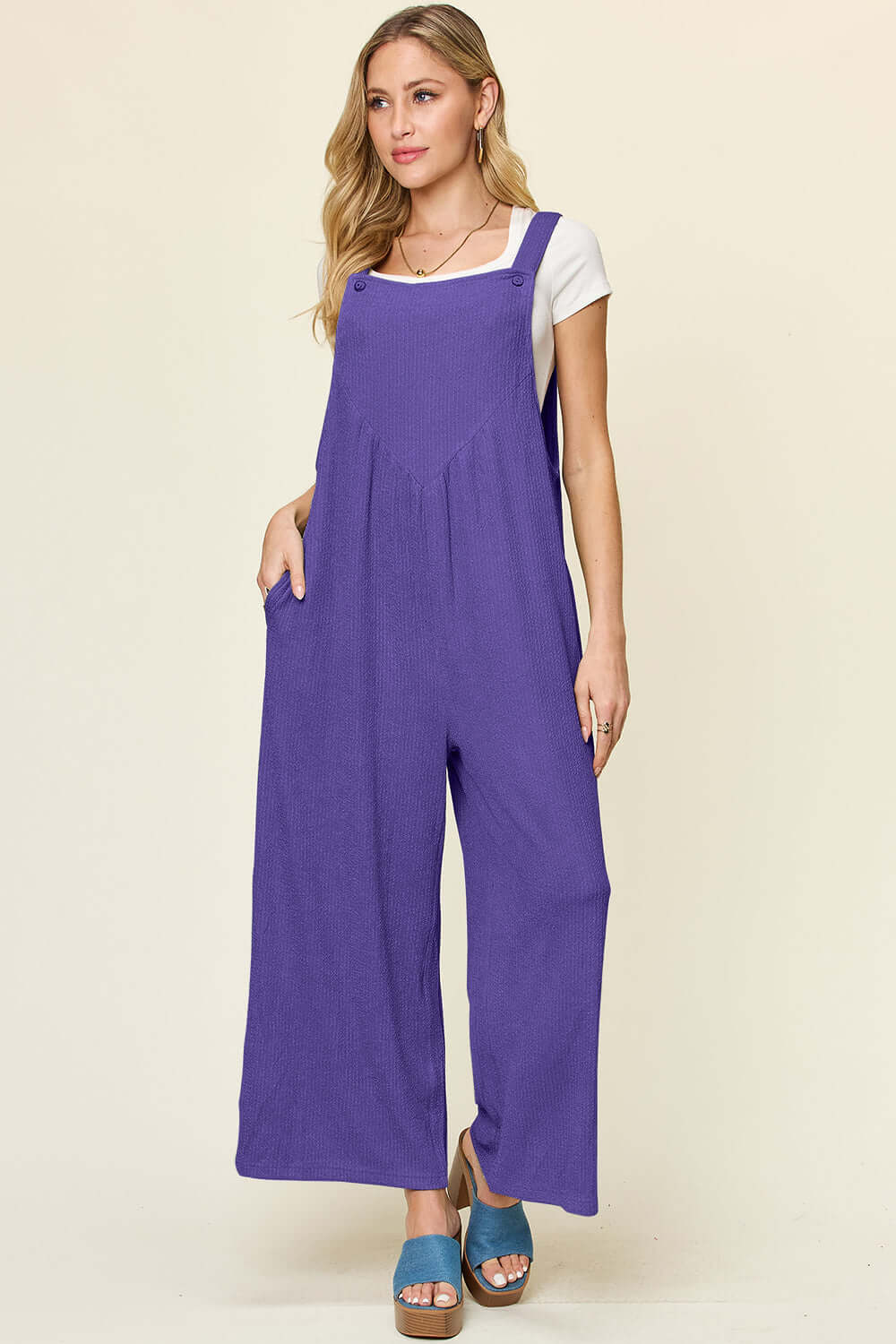 DOUBLE TAKE Full Size Texture Sleeveless Wide Leg Overall at Bella Road