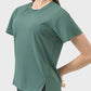 Dark green Millennia Slit Round Neck Short Sleeve Active T-Shirt showcasing a stylish slit design for an active lifestyle.