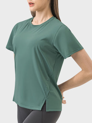 Dark green Millennia Slit Round Neck Short Sleeve Active T-Shirt showcasing a stylish slit design for an active lifestyle.