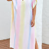 Slit Striped Notched Short Sleeve Cover Up - Multicolor