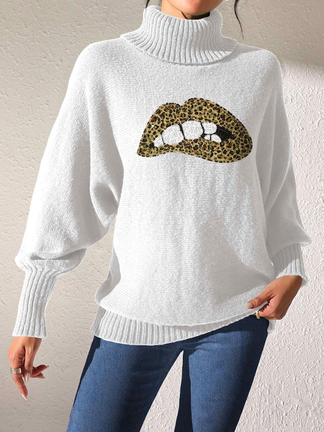 Woman wearing Bella Road Lip Turtleneck Long Sleeve Sweater with leopard print lip design, paired with jeans.