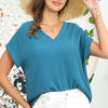 V-Neck Trim Rolled Short Sleeve Shirt - TEAL