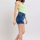 Model showcases Judy Blue plus size double button denim shorts in a stylish high-waisted fit.