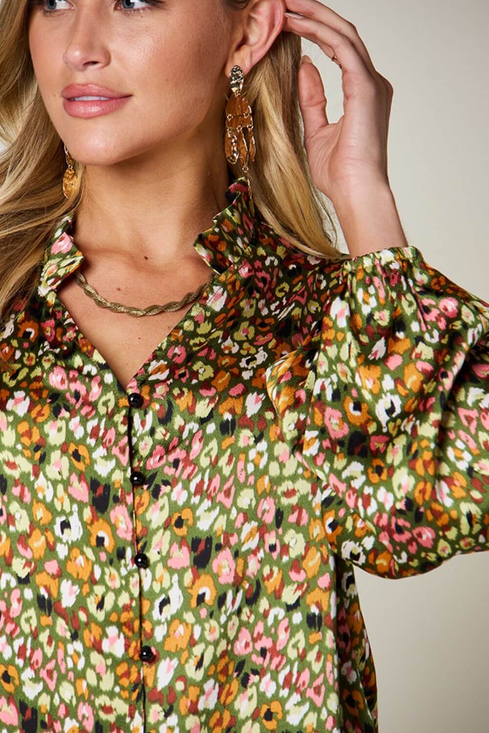 DOUBLE TAKE Full Size Printed Long Sleeve Blouse at Bella Road