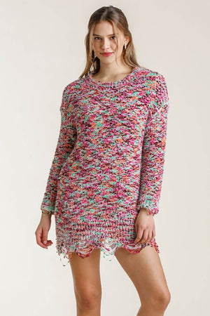Umgee multicolored round neck knit tunic dress with distressed hem, perfect for stylish everyday wear.